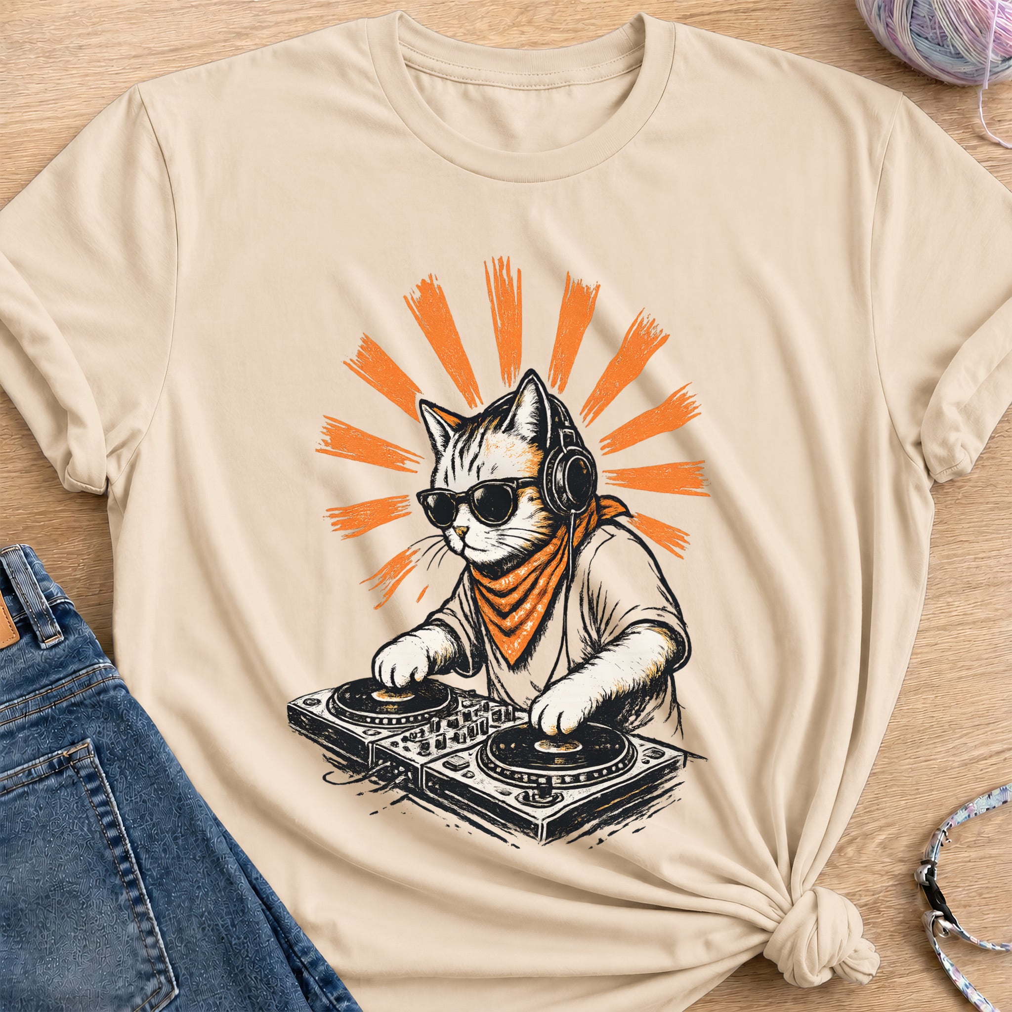 Cool DJ Cat T-Shirt — Sand