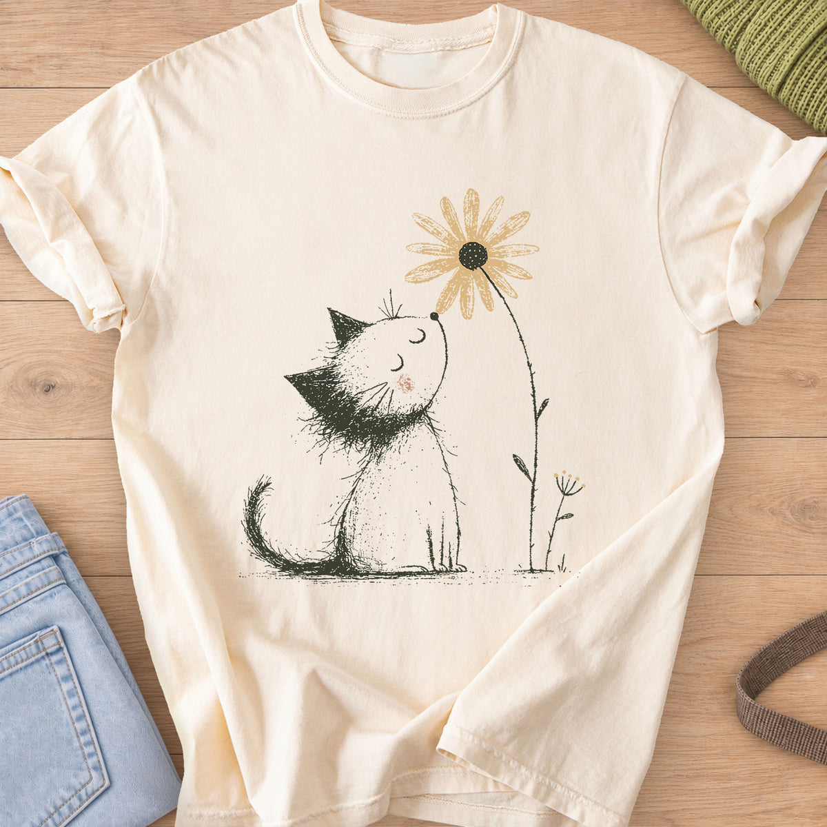 Fluffy kitten with closed eyes and a rosy cheek sniffing a tall daisy on an Ivory T-Shirt