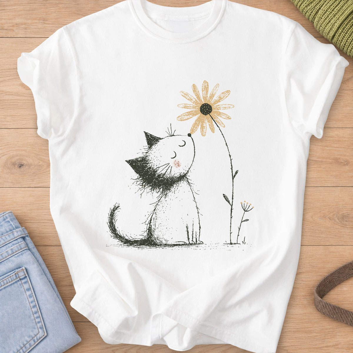 Fluffy kitten with closed eyes and a rosy cheek sniffing a tall daisy on a White T-Shirt