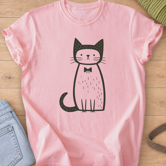 Tall sitting cat with long whiskers, a bow tie and a curled tail, dark charcoal ink on a Blossom T-Shirt