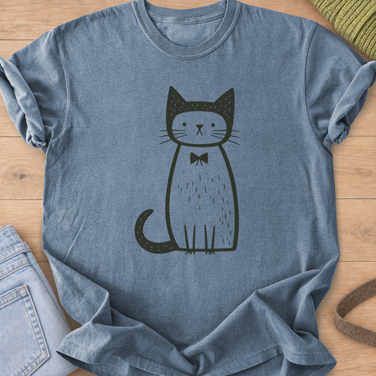 Tall sitting cat with long whiskers, a bow tie and a curled tail, dark charcoal ink on a Blue Jean T-Shirt