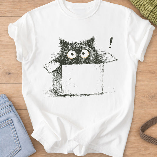 Wide-eyed black cat peeking out of a cardboard box beside an exclamation mark, dark charcoal ink on a White T-Shirt