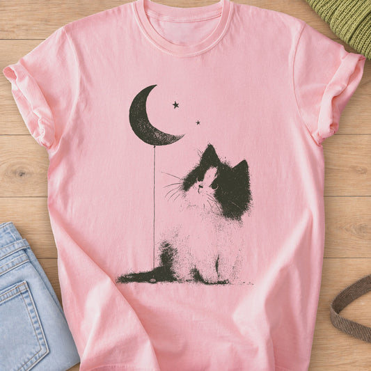 Fluffy cat gazing up at a crescent moon tied to a balloon string, two stars, dark charcoal ink on a Blossom T-Shirt