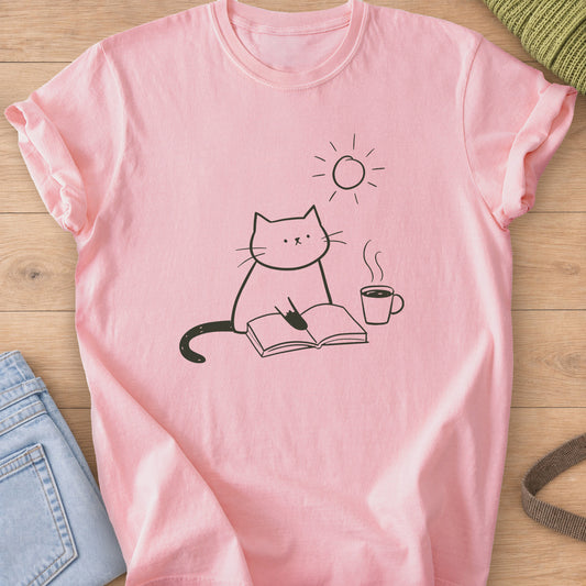 Cat reading an open book beside a steaming coffee mug, with the sun above, dark charcoal ink on a Blossom T-Shirt