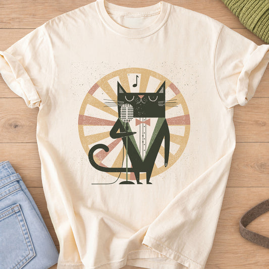 Black cat in a tuxedo and bow tie singing into a vintage mic before a sunburst on an Ivory T-Shirt