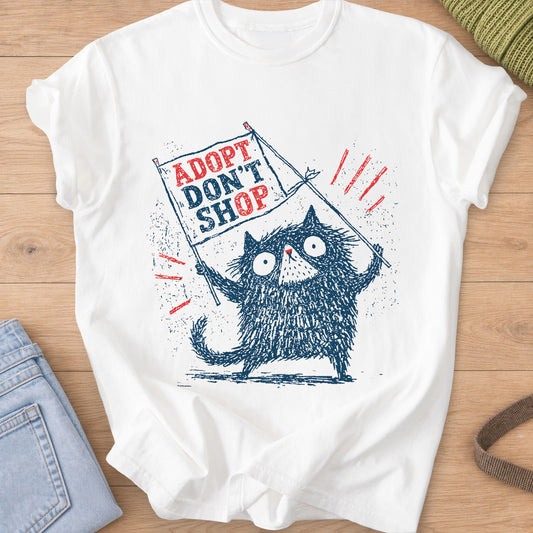 Scruffy wide-eyed cat holding a protest flag that reads "ADOPT DON'T SHOP", navy and red ink on a White T-Shirt