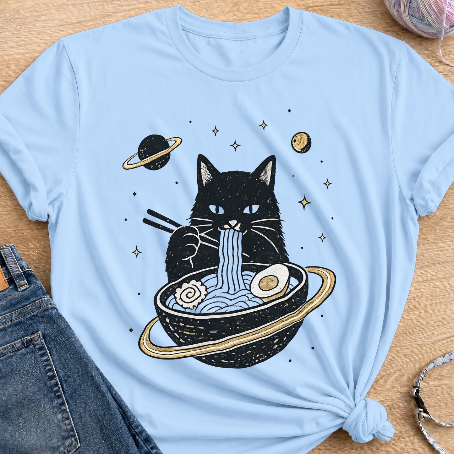 Noodle Cat T-Shirt — Light Blue