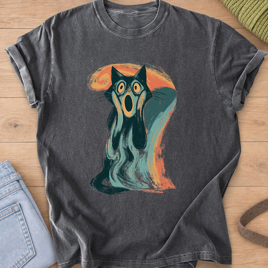 Cat with paws on its face screaming in a swirling scene inspired by The Scream on a Pepper T-Shirt