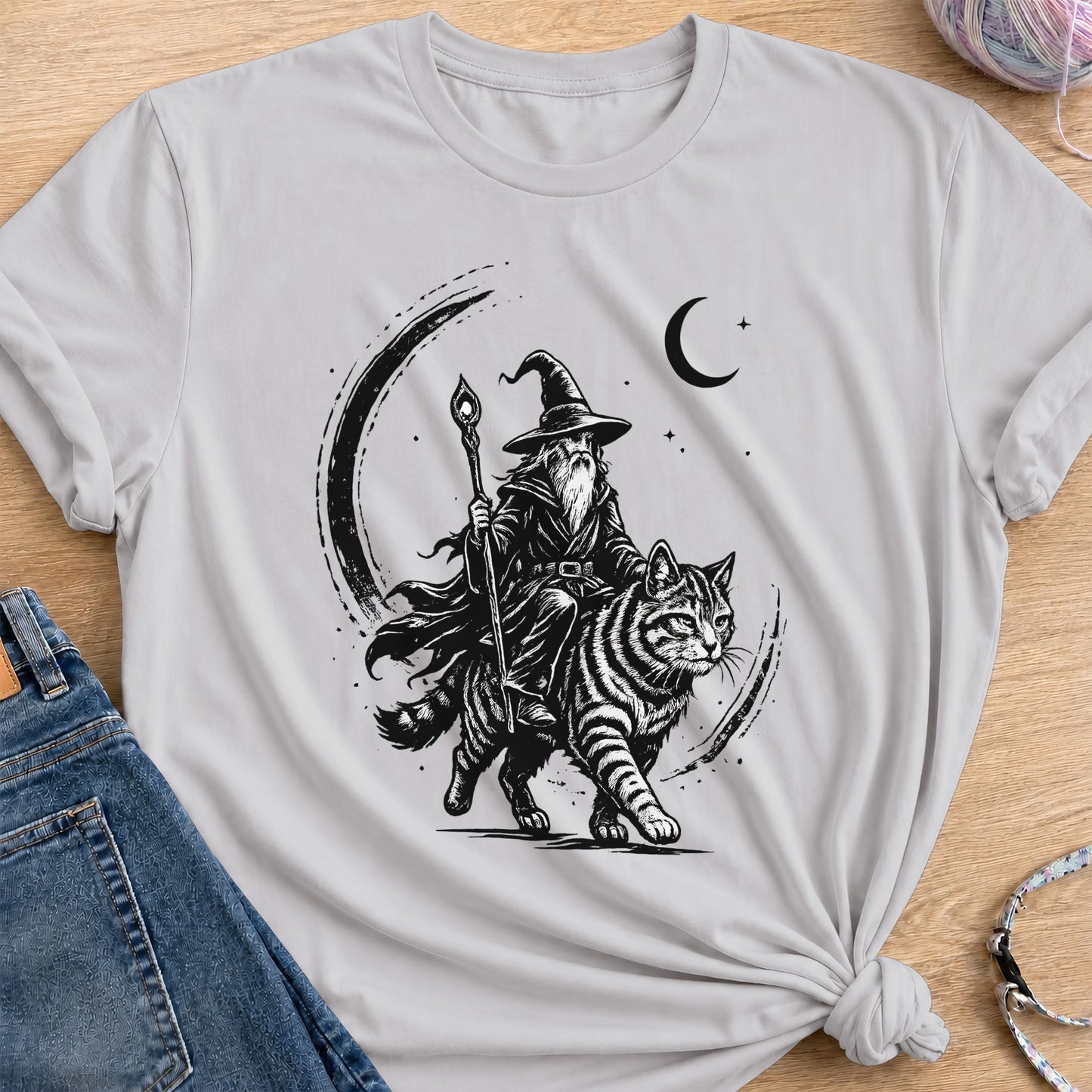 Wizard Cat Rider T-Shirt — Ice Grey