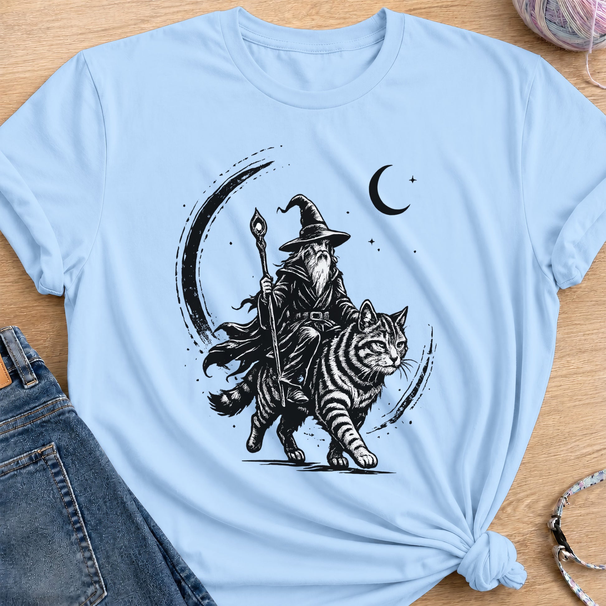 Wizard Cat Rider T-Shirt — Light Blue