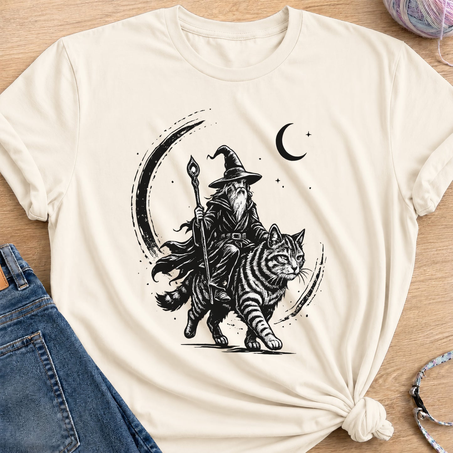 Wizard Cat Rider T-Shirt — Natural