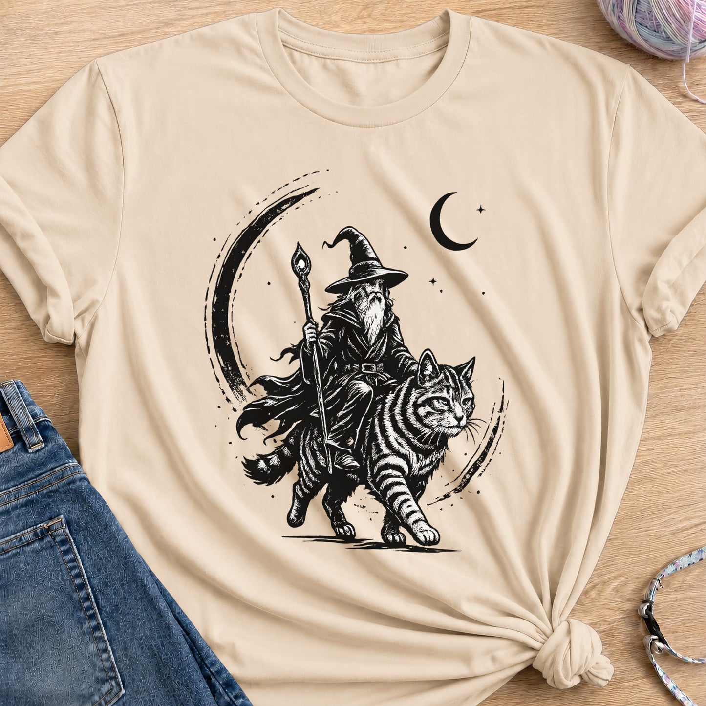 Wizard Cat Rider T-Shirt — Sand