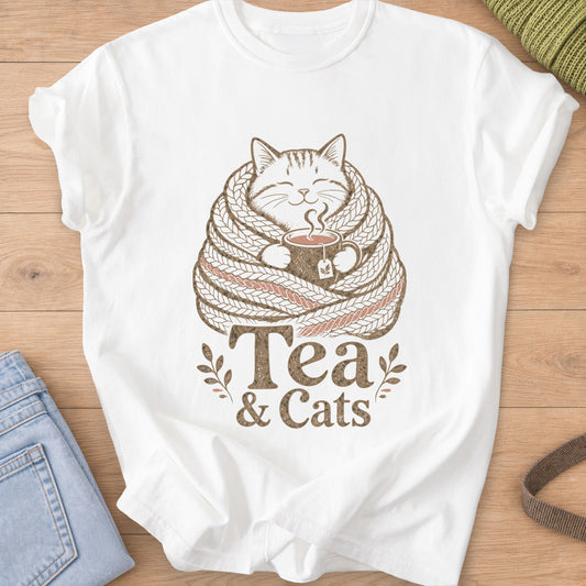 Smiling cat wrapped in a knit scarf holding a steaming mug of tea, 'Tea & Cats' on a White T-Shirt