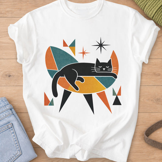Sleeping black cat draped over a retro geometric chair with stars and triangles on a White T-Shirt
