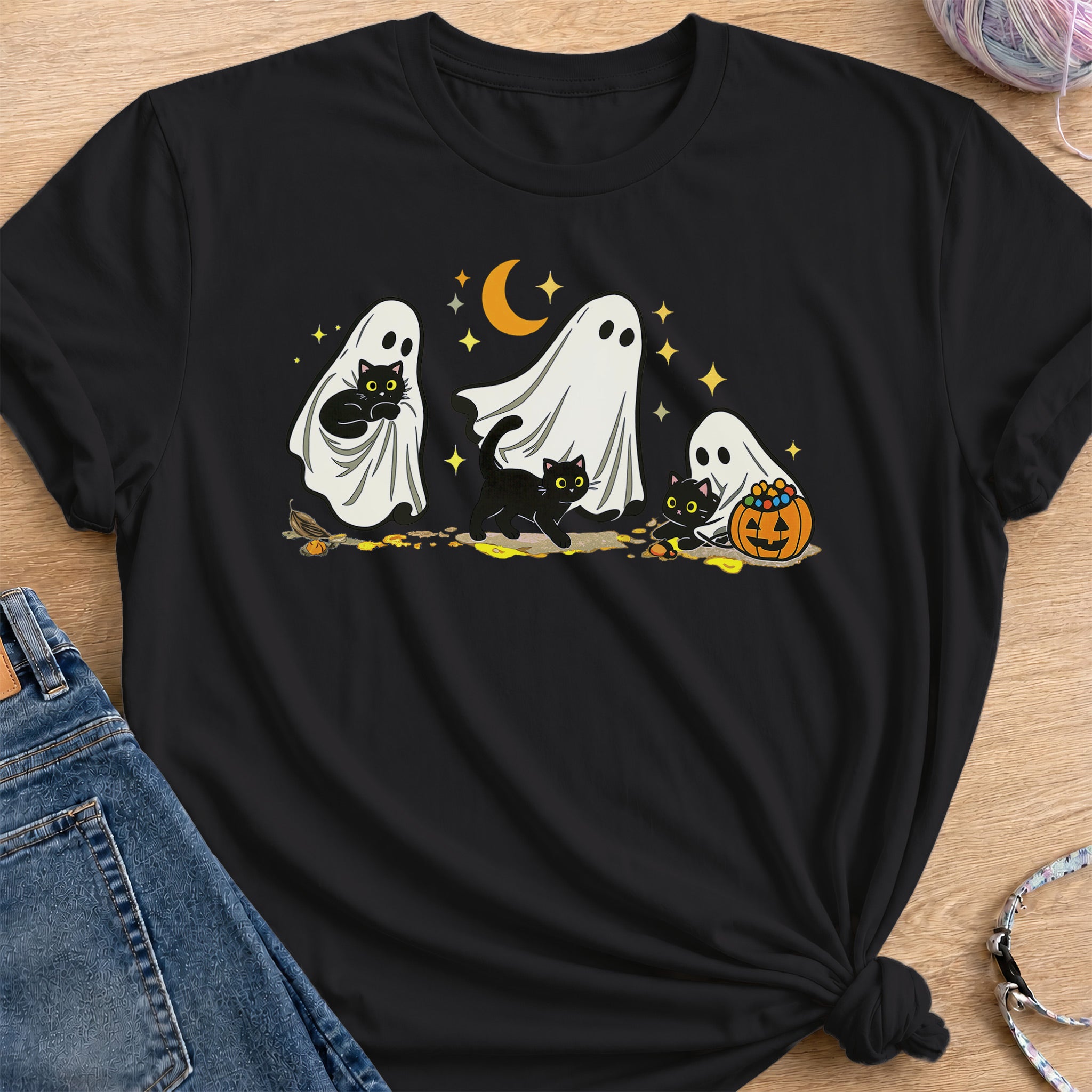 Ghost and Cat T-Shirt — Black