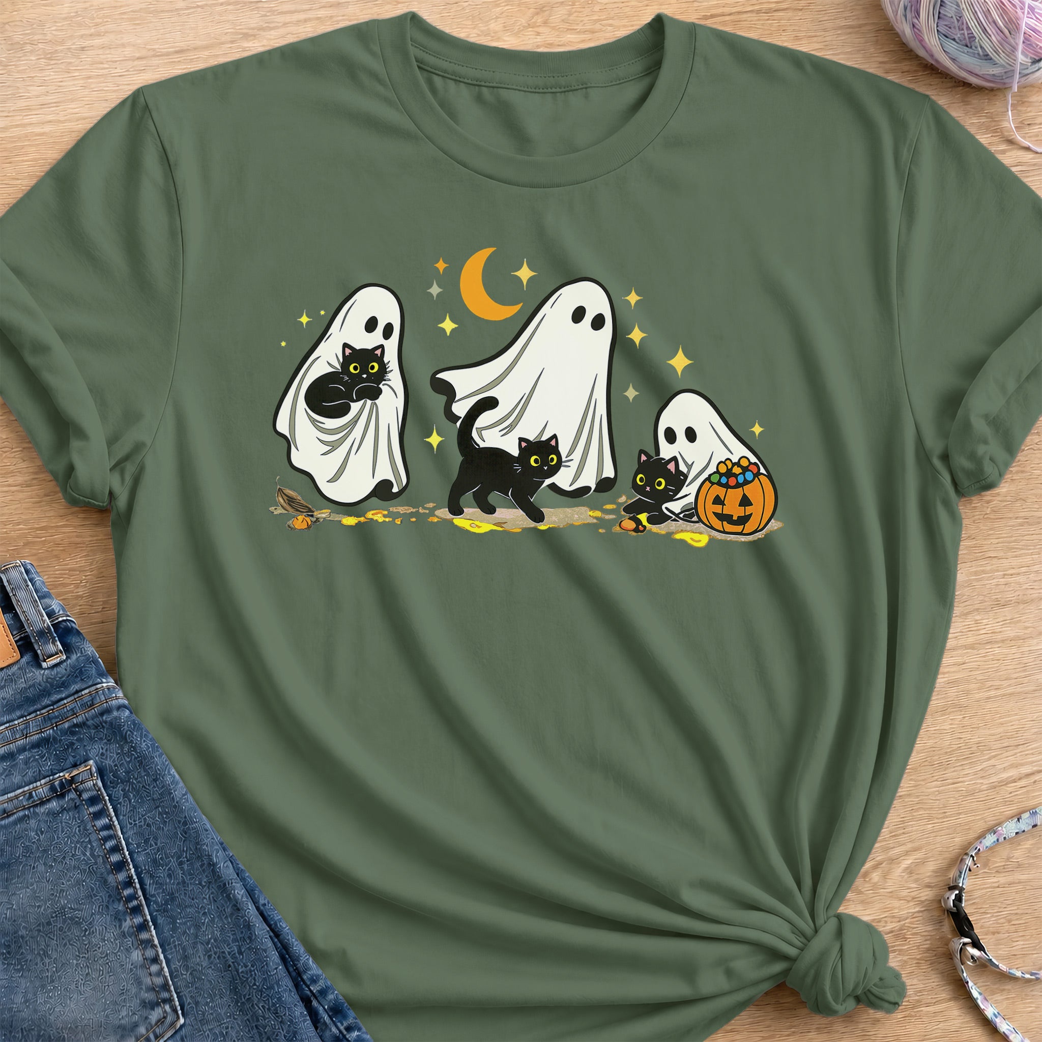 Ghost and Cat T-Shirt — Military Green