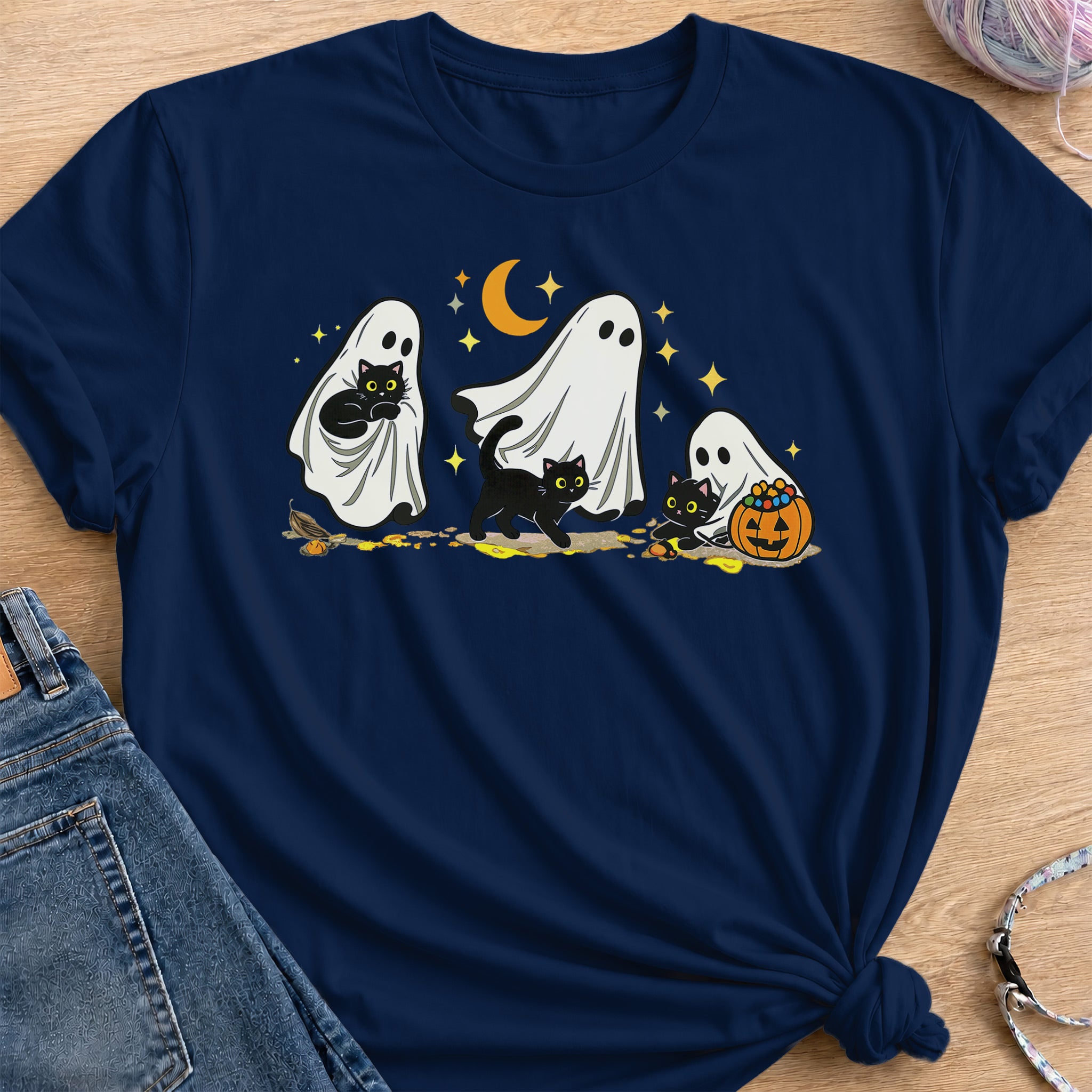 Ghost and Cat T-Shirt — Navy