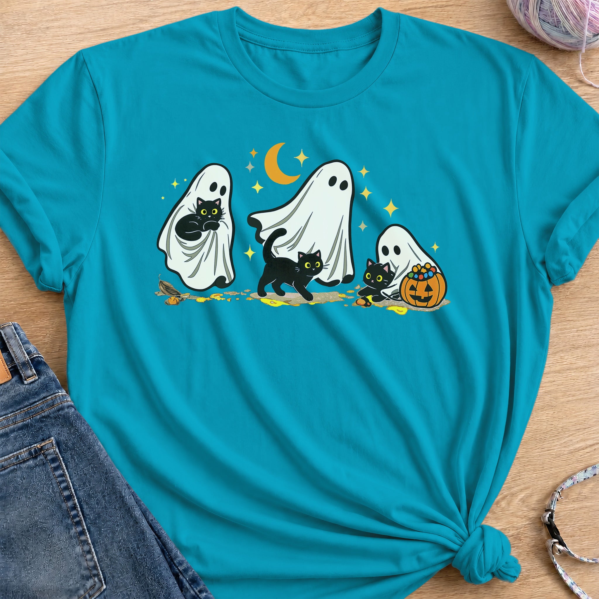 Ghost and Cat T-Shirt — Tropical Blue
