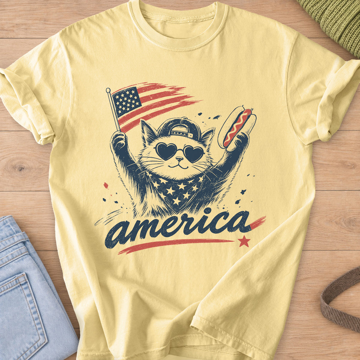 Cat in heart sunglasses and a cap holding a flag and a hot dog above "america", navy and red ink on a Butter T-Shirt
