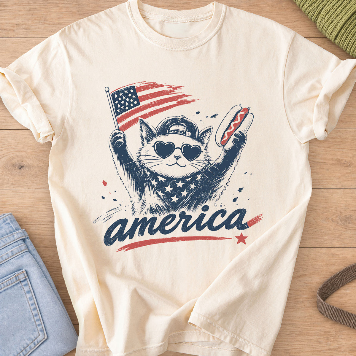 Cat in heart sunglasses and a cap holding a flag and a hot dog above "america", navy and red ink on an Ivory T-Shirt