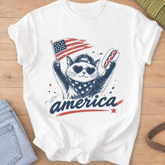 Cat in heart sunglasses and a cap holding a flag and a hot dog above "america", navy and red ink on a White T-Shirt