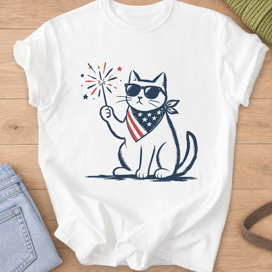 Sitting cat in sunglasses and a stars and stripes bandana holding a lit sparkler on a White T-Shirt