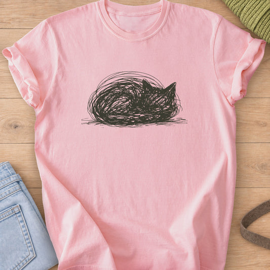 Scribbled cat curled into a round loaf with ears poking up, dark charcoal ink on a Blossom T-Shirt