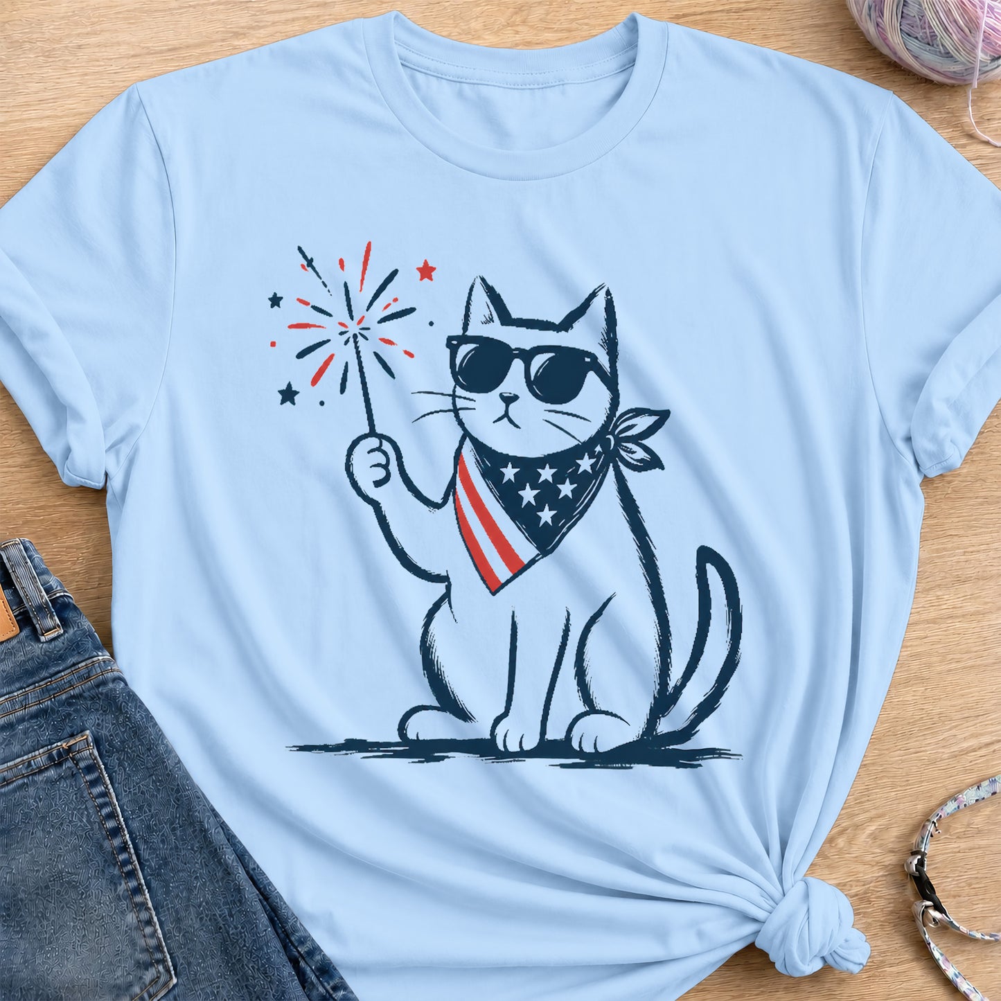 Sparkler Star Cat T-Shirt — Light Blue