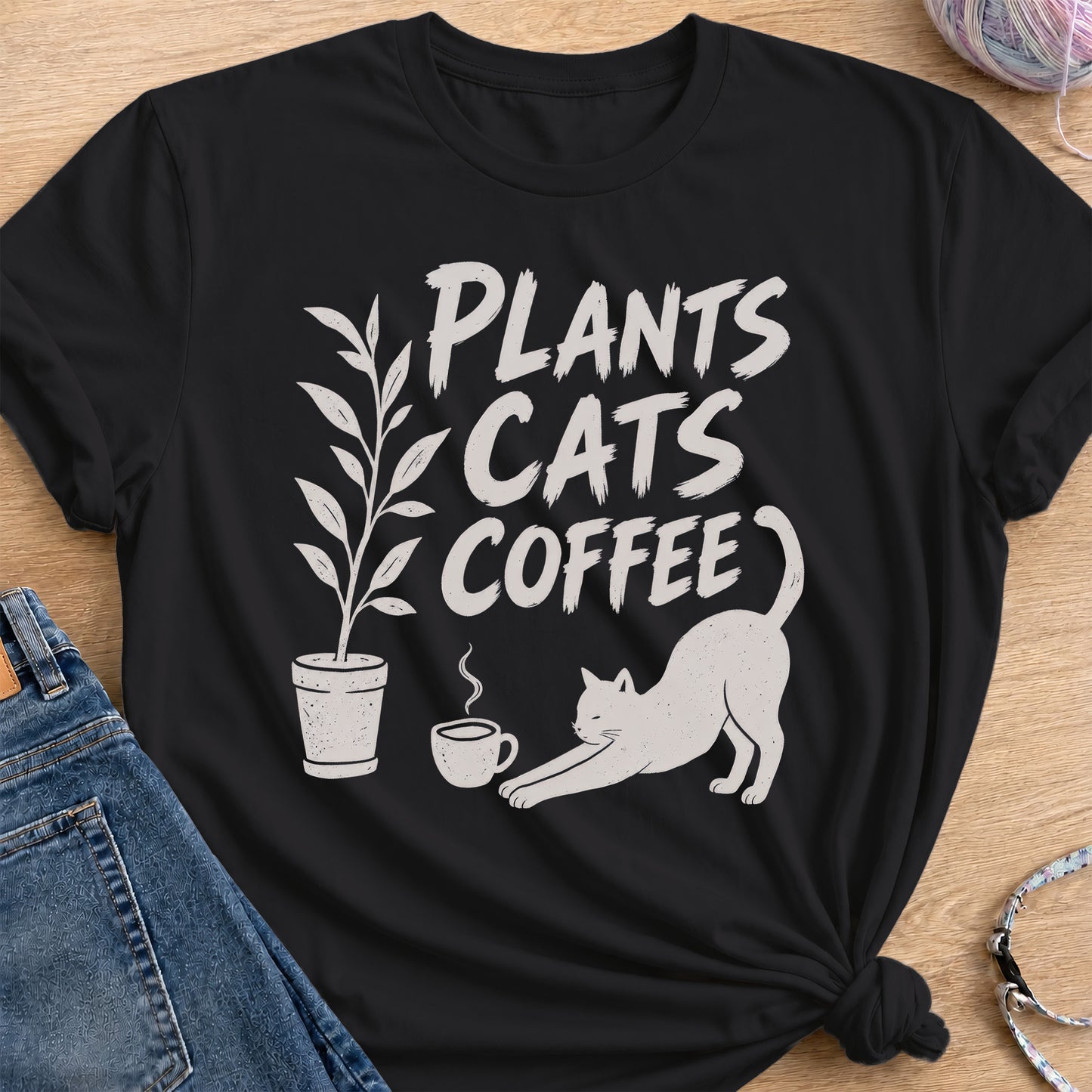 Plants, Cats, Coffee T-Shirt — Black