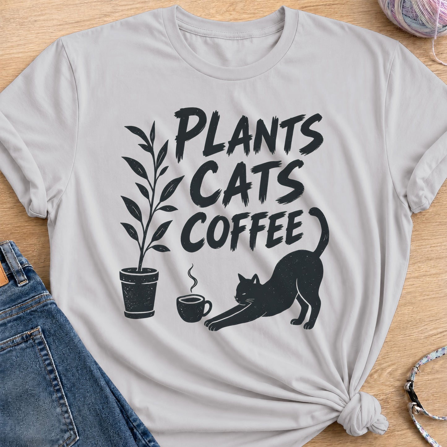 Plants, Cats, Coffee T-Shirt — Ice Grey