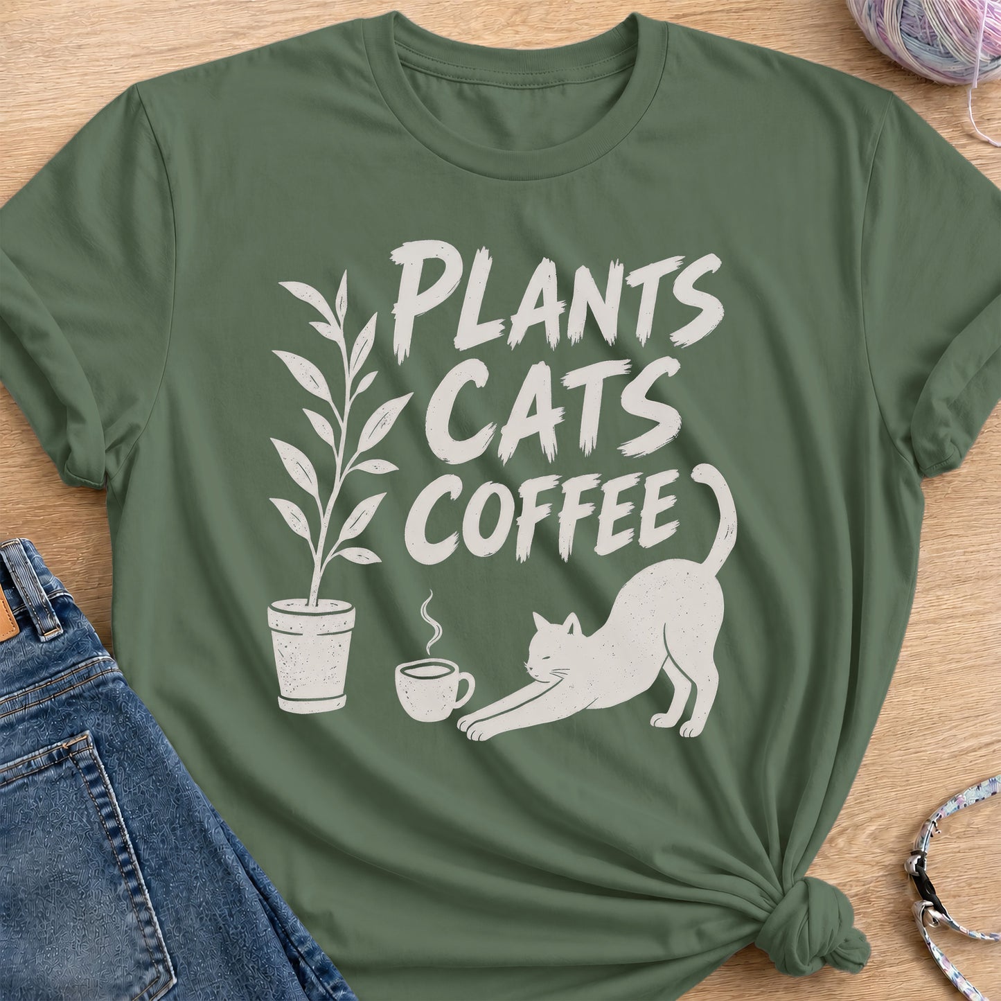 Plants, Cats, Coffee T-Shirt — Military Green