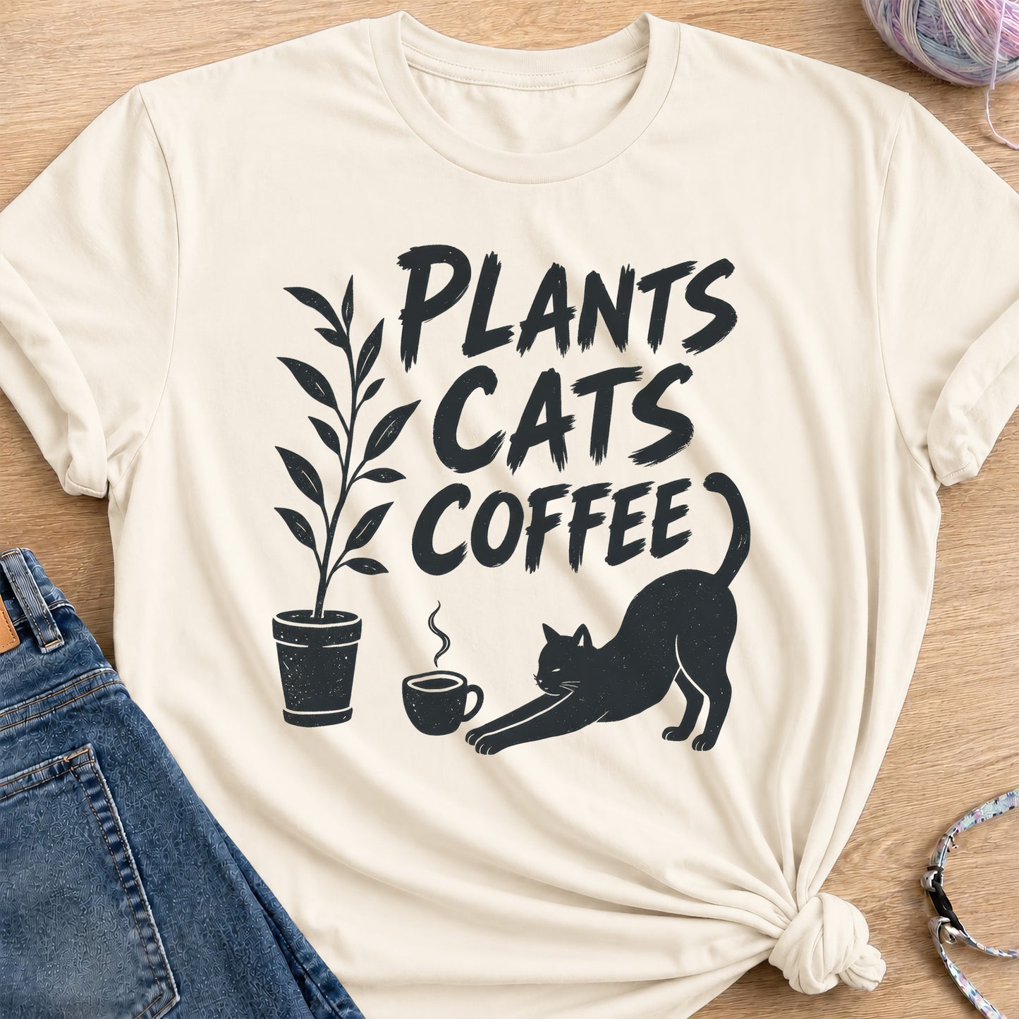 Plants, Cats, Coffee T-Shirt — Natural