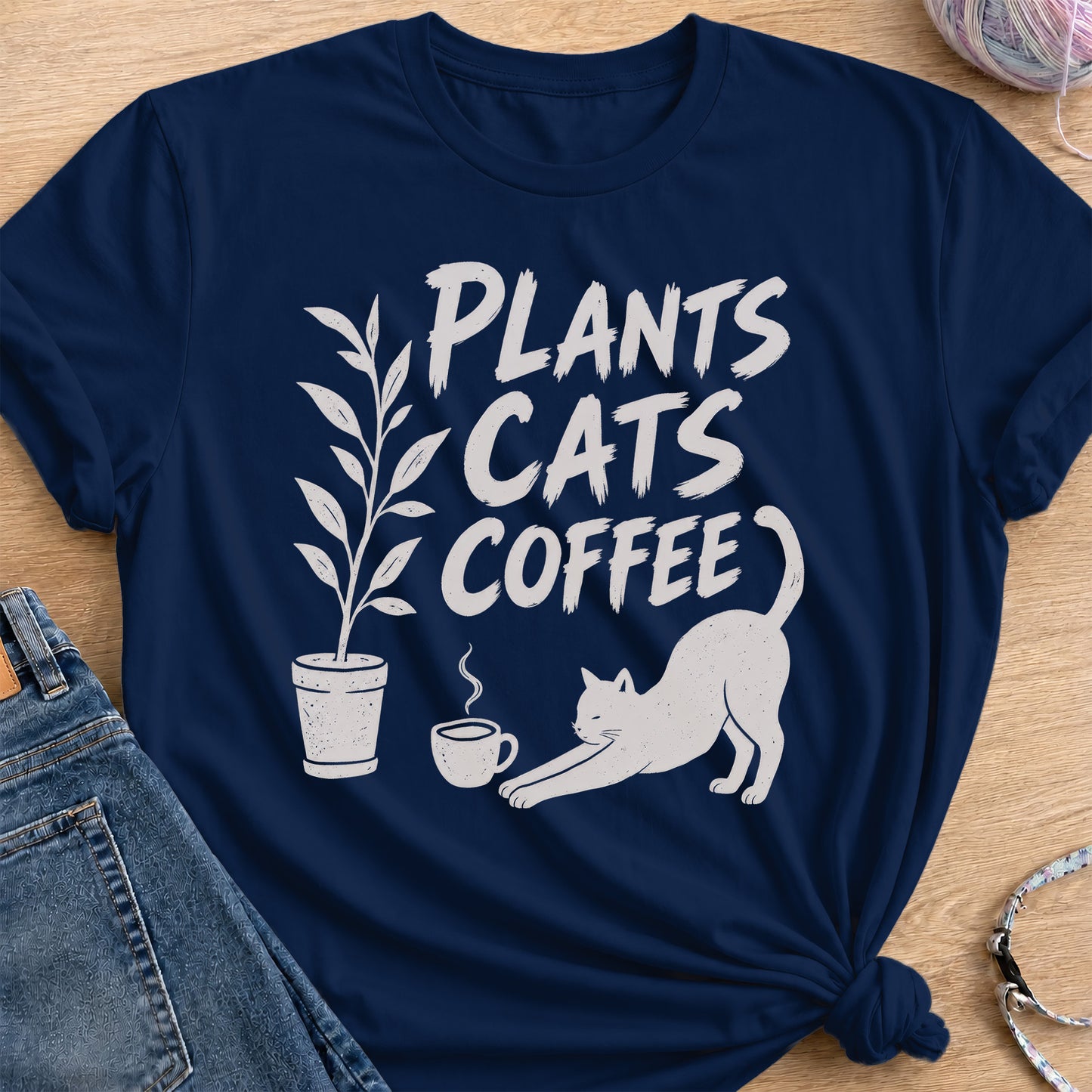 Plants, Cats, Coffee T-Shirt — Navy