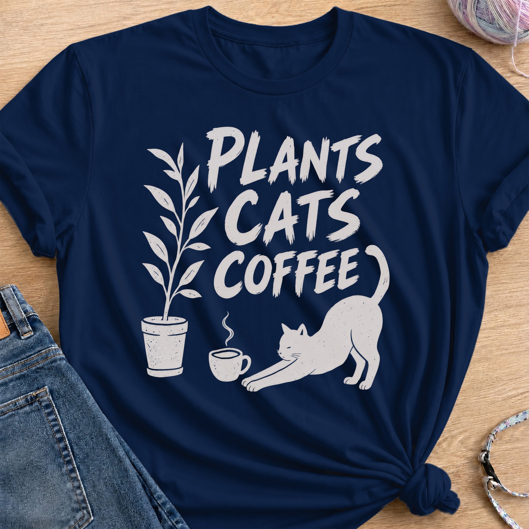 Plants, Cats, Coffee T-Shirt — Navy