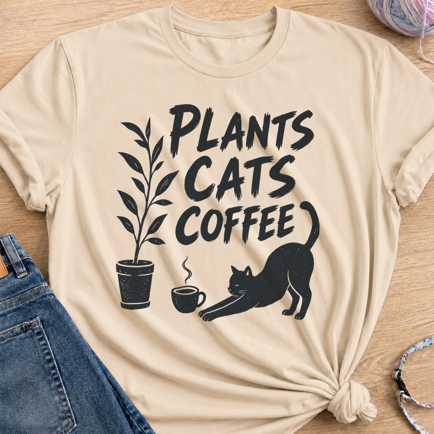 Plants, Cats, Coffee T-Shirt — Sand