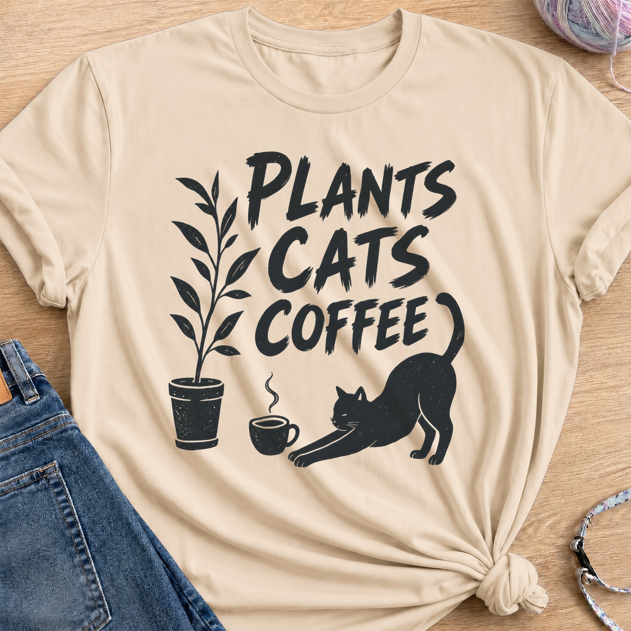 Plants, Cats, Coffee T-Shirt — Sand