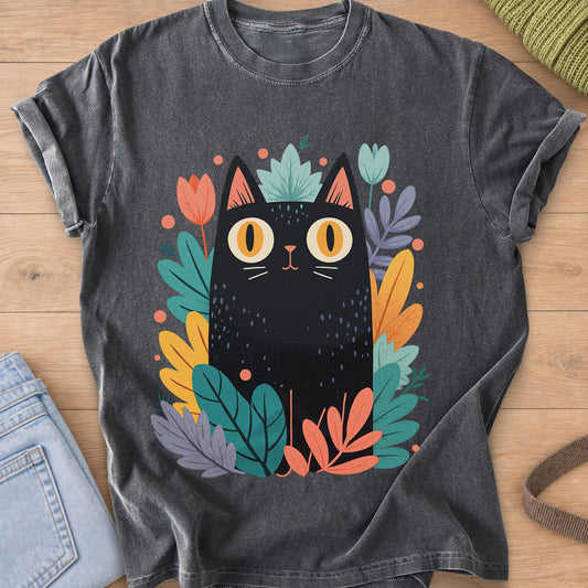 Wide-eyed black cat sitting among leafy plants, tulips and little dots on a Pepper T-Shirt