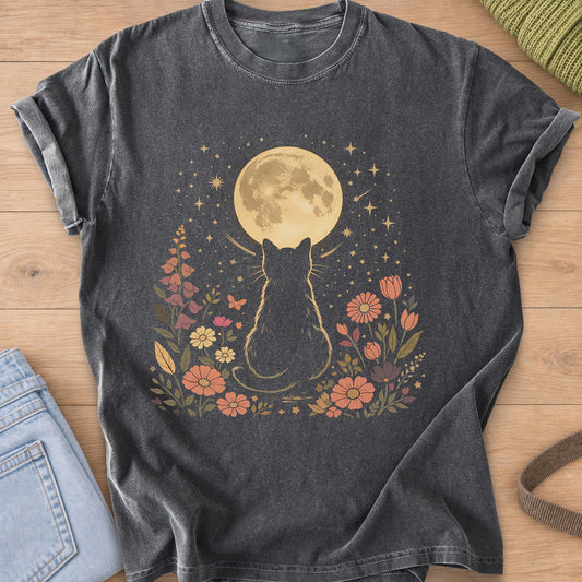 Cat seen from behind watching a full moon among wildflowers, stars and a butterfly on a Pepper T-Shirt