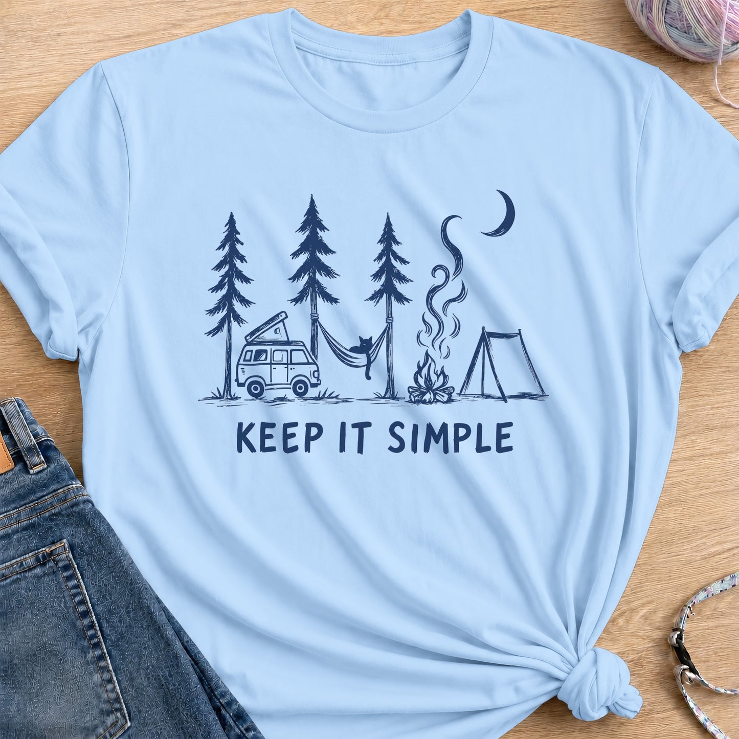 Camping Cat T-Shirt — Light Blue