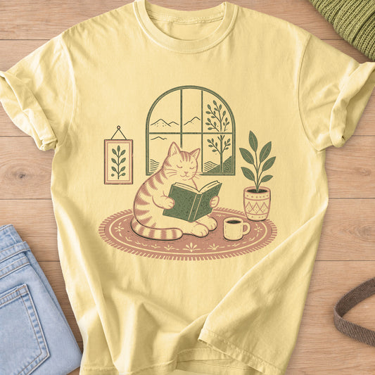 Striped tabby cat reading a book on a round rug with a mug, plant and arched window on a Butter T-Shirt
