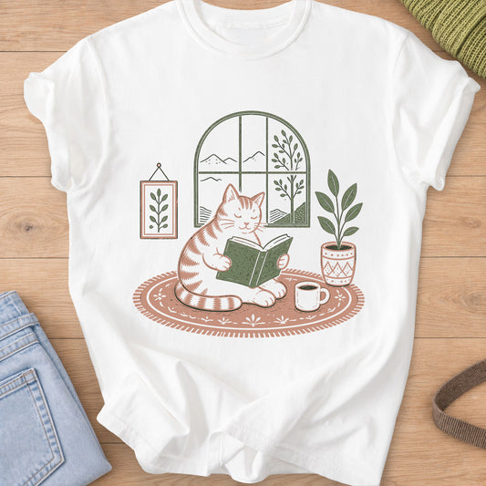 Striped tabby cat reading a book on a round rug with a mug, plant and arched window on a White T-Shirt