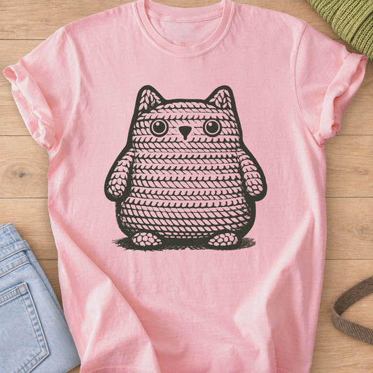Chubby round cat drawn like a crocheted toy, covered in rows of stitches, dark charcoal ink on a Blossom T-Shirt