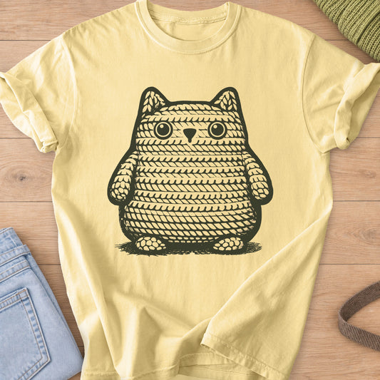 Chubby round cat drawn like a crocheted toy, covered in rows of stitches, dark charcoal ink on a Butter T-Shirt