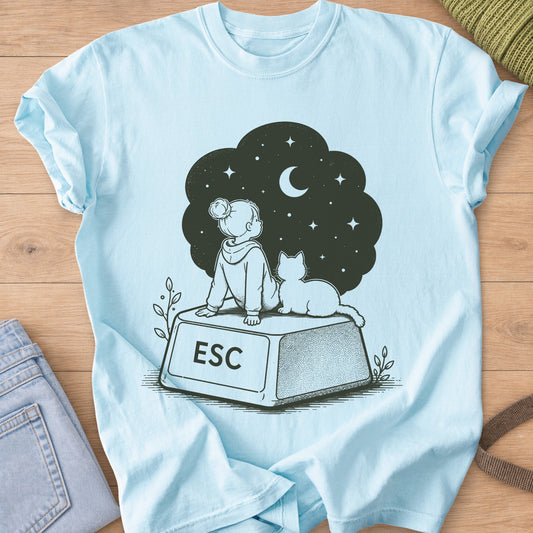 Girl and cat sitting on a giant "ESC" key under a starry sky with a crescent moon, dark charcoal ink on a Chambray T-Shirt