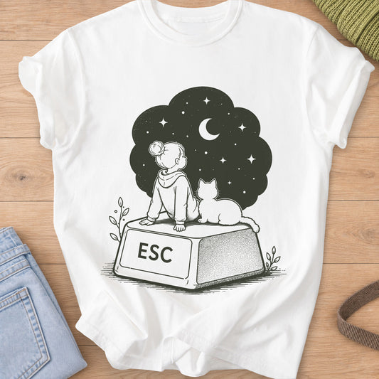Girl and cat sitting on a giant "ESC" key under a starry sky with a crescent moon, dark charcoal ink on a White T-Shirt