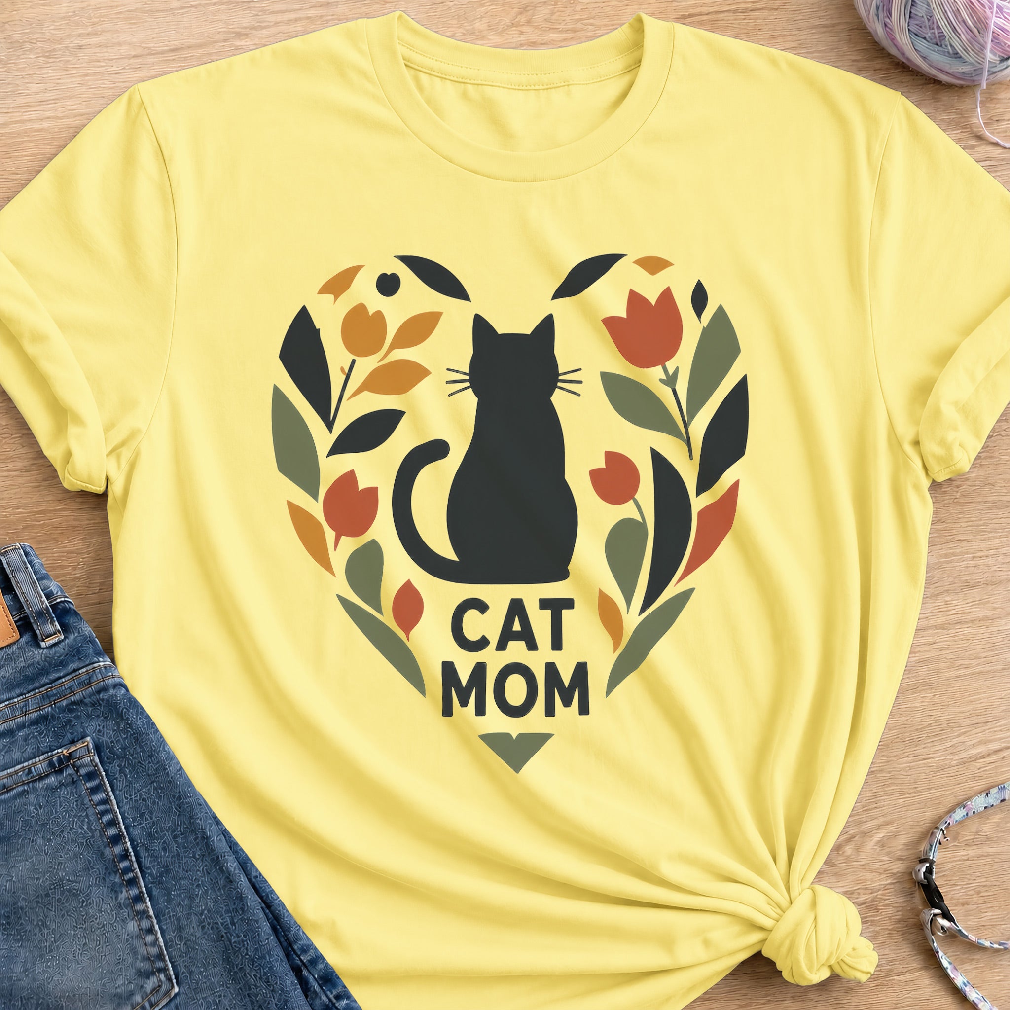 Cat Mom Heart T-Shirt — Cornsilk