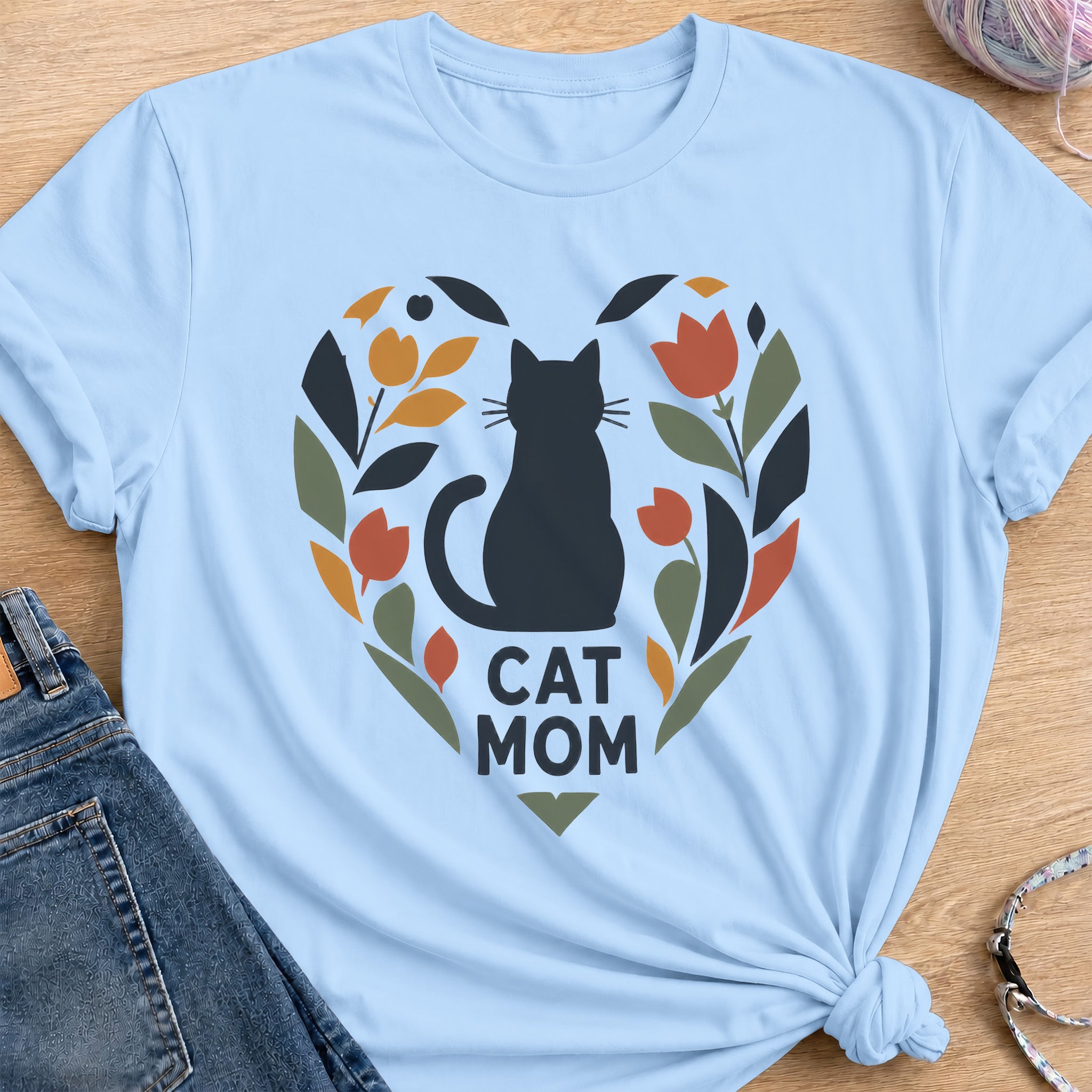 Cat Mom Heart T-Shirt — Light Blue