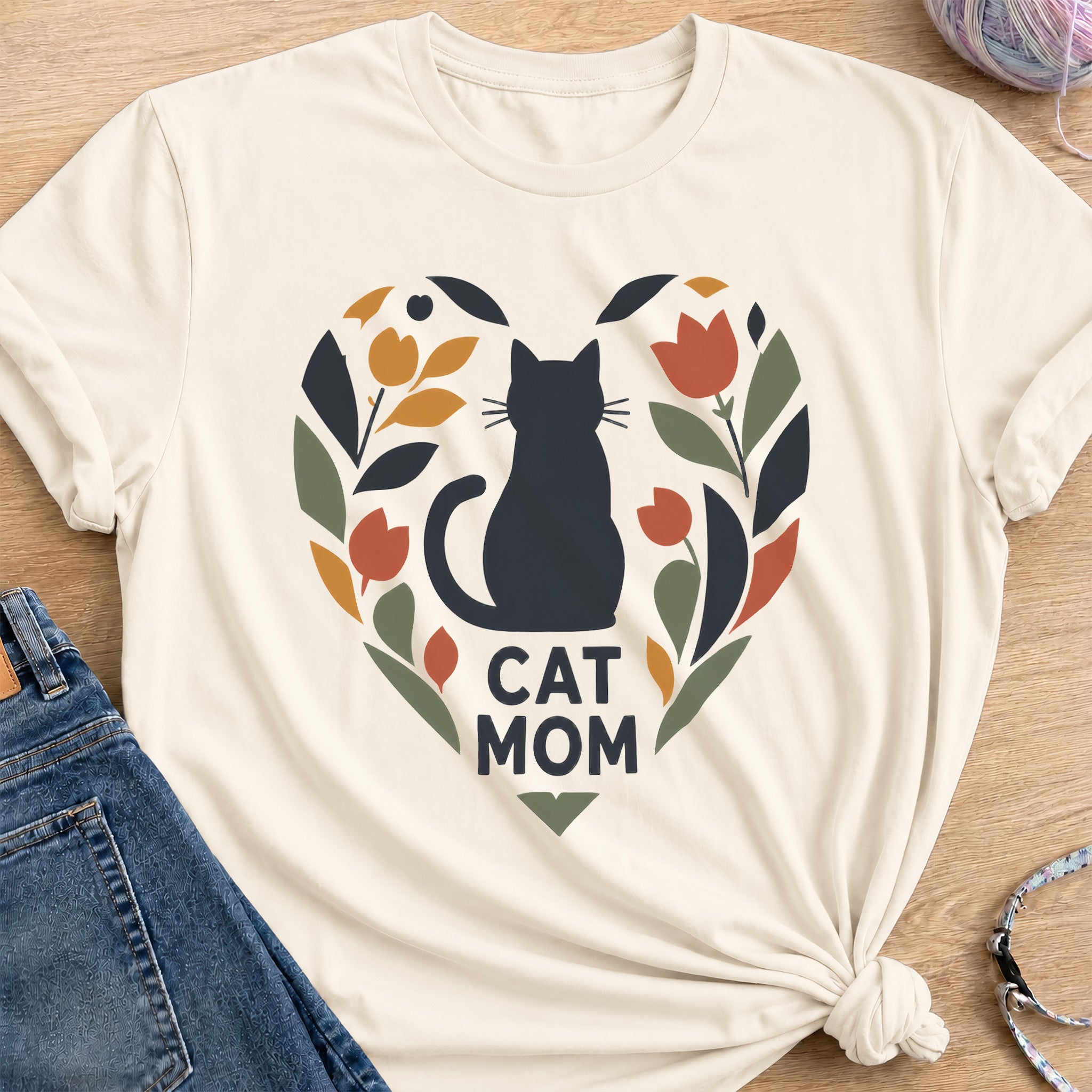 Cat Mom Heart T-Shirt — Natural