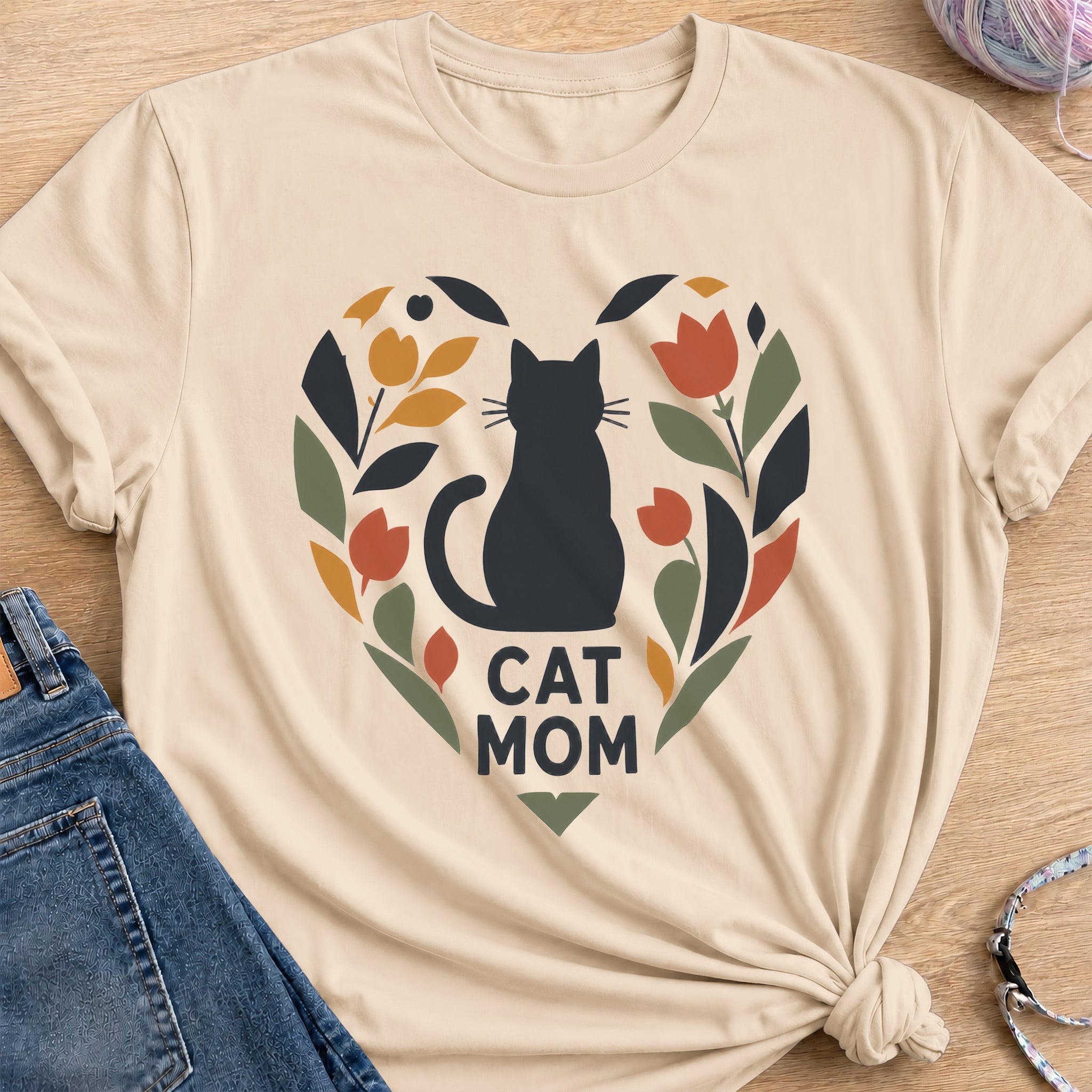 Cat Mom Heart T-Shirt — Sand