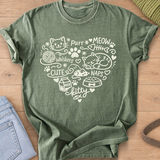 Heart of cat doodles with a sleeping cat, yarn, paw prints and the word "kitty", cream ink on a Moss T-Shirt